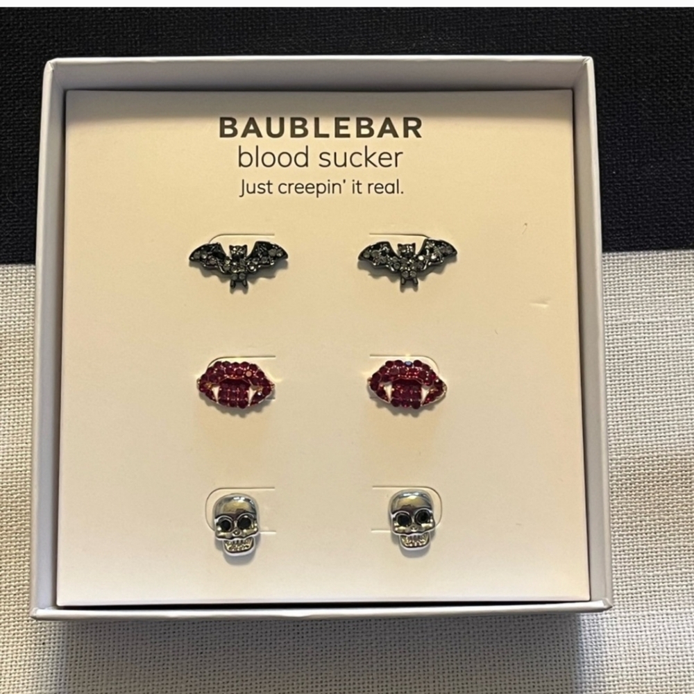 BaubleBar Blood Sucker Earrings 3pc Set: Bats🦇,Vampire Lips,Skulls🦇❤️☠️🦇❤️☠️❤